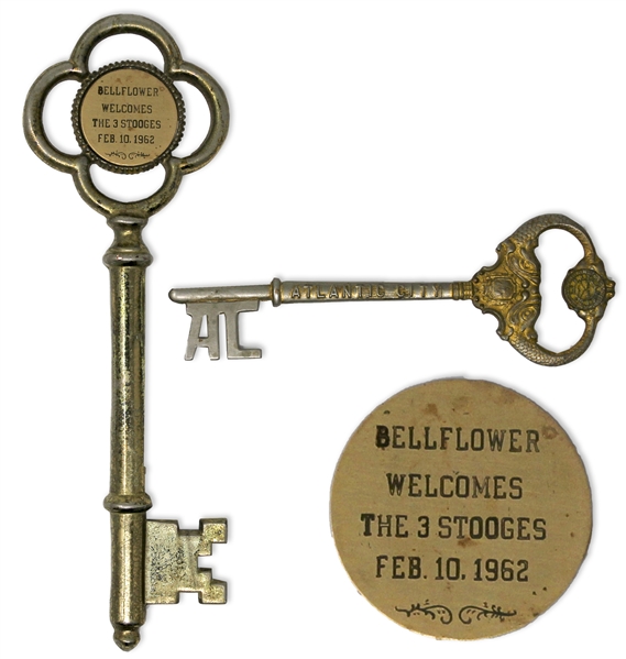 Moe Howard's ''Keys to the City'' for Atlantic City & Bellflower, CA -- Metal Keys Measure 5.75'' x 2'' (Atlantic City) & 8.25'' x 2.75'' (Bellflower) -- Light Wear & Tarnishing, Very Good Condition